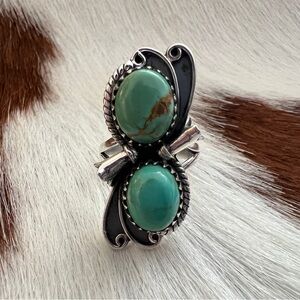 ❤️ Squash Blossom Kingman Turquoise Decorative Leaf Motif Navajo 925 Ring Sz 7